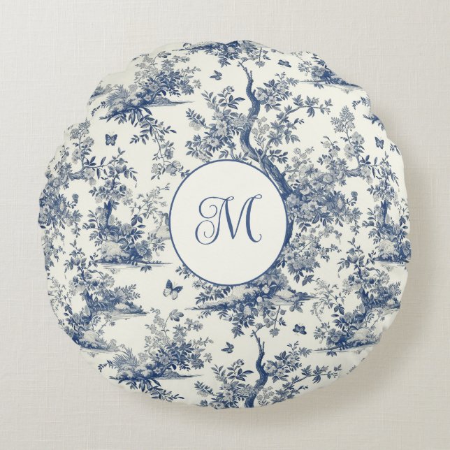 Coussins Ronds Bleu Blancs Papillon Français Toile (Devant)