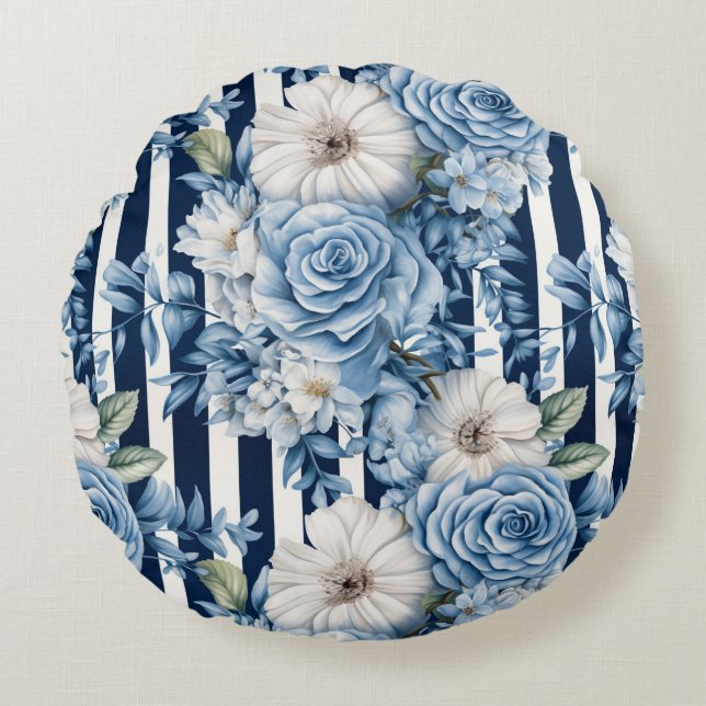 Coussins Ronds Bleu bleu marine rayures florales (Devant)