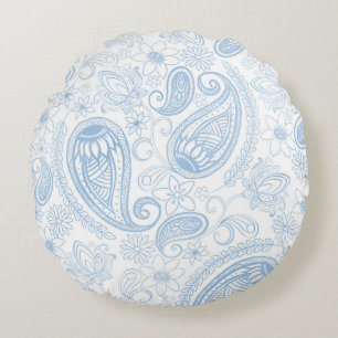Coussins Ronds Bleu Classeux Paillettes Paisley Floral Motif Blan