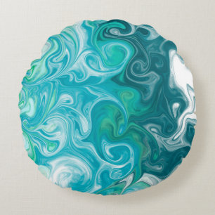 Coussins Ronds Bleu et vert Vagues Digital Fluid Art