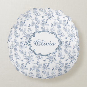 Coussins Ronds Bleu Français Toile Chinoiserie Fleurs Nom de Fill
