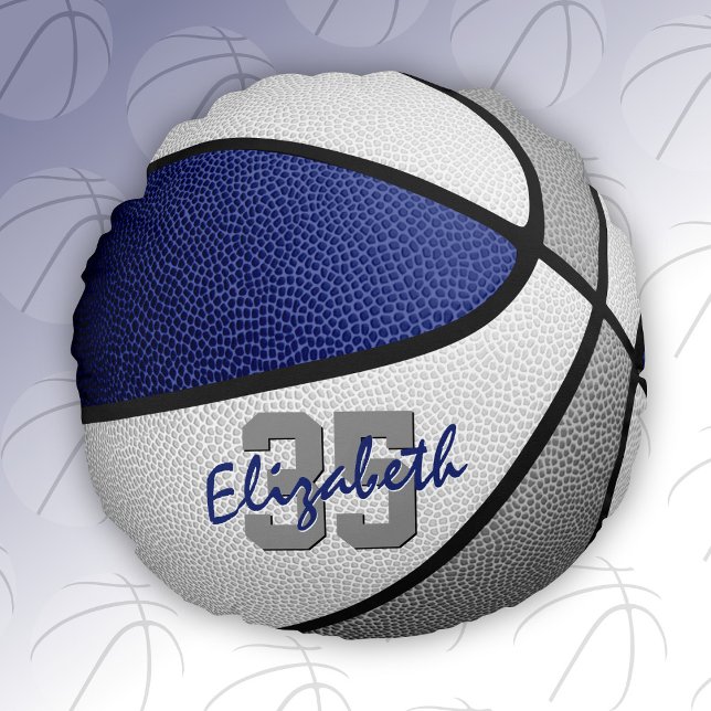 Coussins Ronds bleu gris école couleurs filles garçons salle de b (Blue & gray sports room decor team colors basketball pillow)