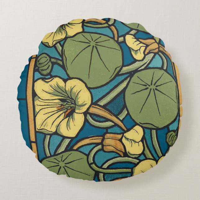Coussins Ronds Bleu jaune Nasturtium Fleur Nouveau Motif (Devant)