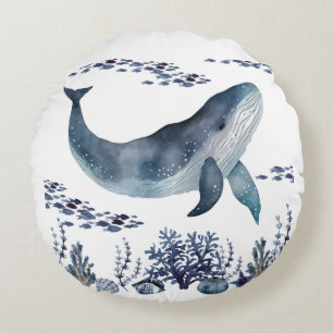 Coussins Ronds Bleu Marine Et Baleine Nautique Blanche