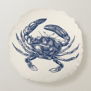 Coussins Ronds Bleu marine vintage d'illustration de crabe sur la