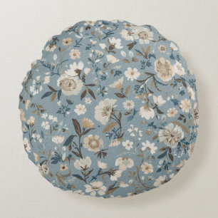 Coussins Ronds Bleu Poussiéreux Marron Crème Floral Cottage