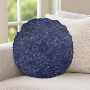 Coussins Ronds Bleu traditionnel japonais Vague Seigaiha Monogram