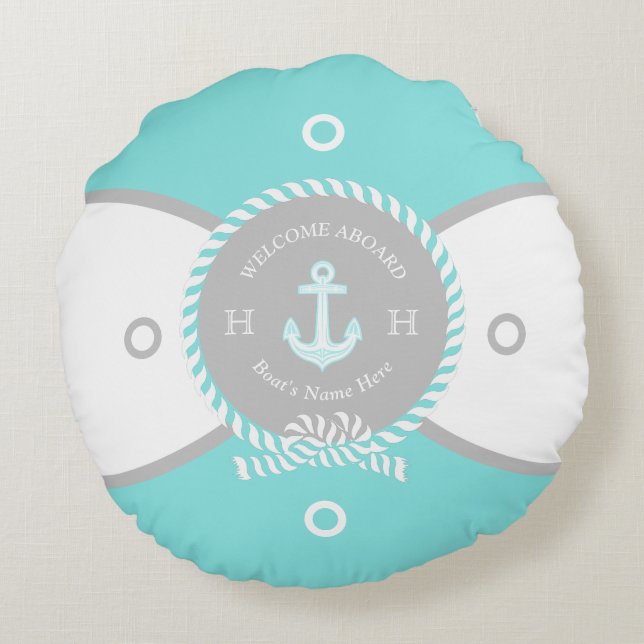 Coussins Ronds Bleu Turquoise blanc Ancre Cercle Nautique (Dos)