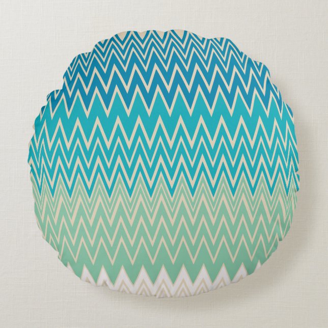 Coussins Ronds Bleu turquoise, turquoise et vert Zigzags (Devant)