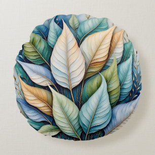 Coussins Ronds Bleu Vert or latte Feuille