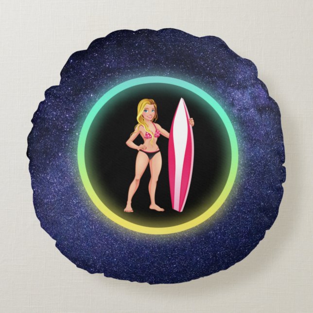 Coussins Ronds Blonde Surfer Adolescent Girl Galaxy (Devant)
