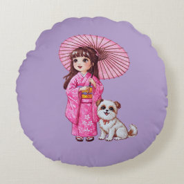 Coussins Ronds Blossom Companions : Kimono Girl & Puppy Round Pil
