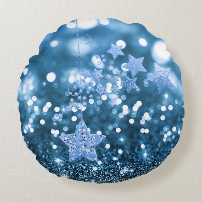 Coussins Ronds Blue Bokeh Faux Parties scintillant et étoiles (Devant)