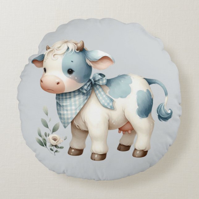 Coussins Ronds Blue Gingham Baby Cow Pastel Farm Aesthetic (Devant)
