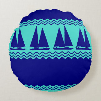Coussins Ronds Blue Nautical Sailboat Coastal Stripes