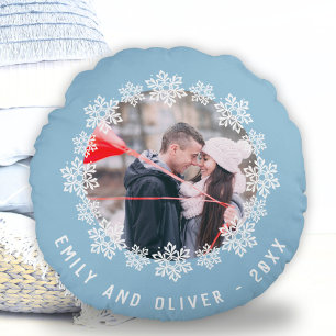 Coussins Ronds Blue Snowflake Cadre Couple Keepsaké Photo
