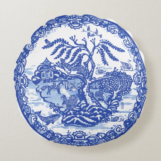Coussins Ronds Blue Willow Animal Pagode Jardin Scène Chinoiserie (Devant)