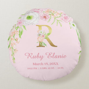 Coussins Ronds Blush Floral Monogramme « R » Statistiques Bébé Fi