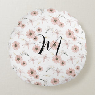 Coussins Ronds Blush Rose Fleurs Art Monogramme Aquarelle