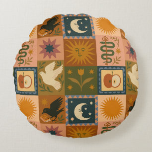 Coussins Ronds Boho Celestial Soleil et lune rétro