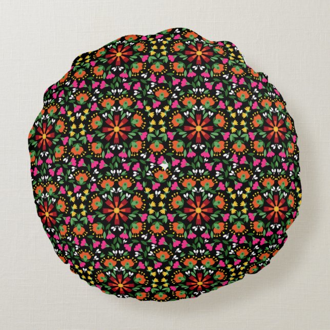 Coussins Ronds Boho Floral Orange rose noir vert (Dos)