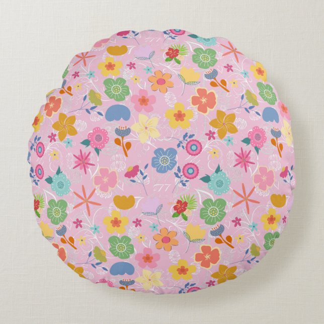 Coussins Ronds Boho Flowers Motif B01.w LPink BG (Devant)