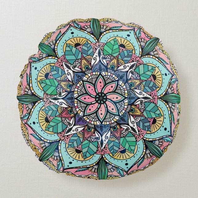 Coussins Ronds Boho Mandala couleur aquarelle Floral (Devant)