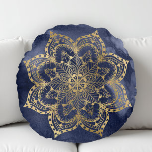 Coussins Ronds Boho Mandala Or Navy Blue Encre Texture
