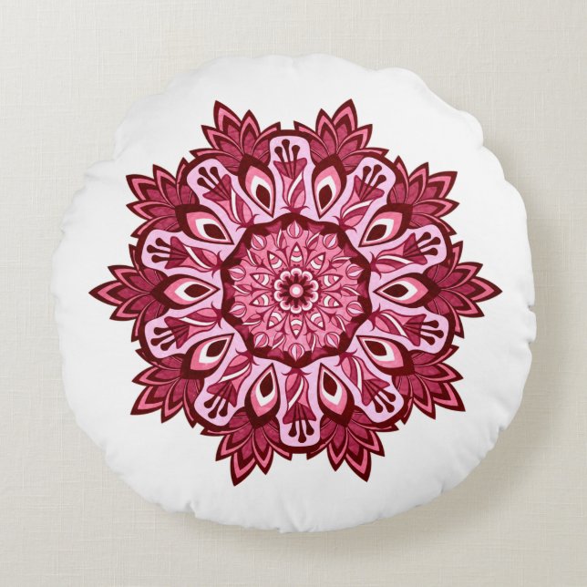 Coussins Ronds Boho Mandala réversible rose foncé et gris (Devant)
