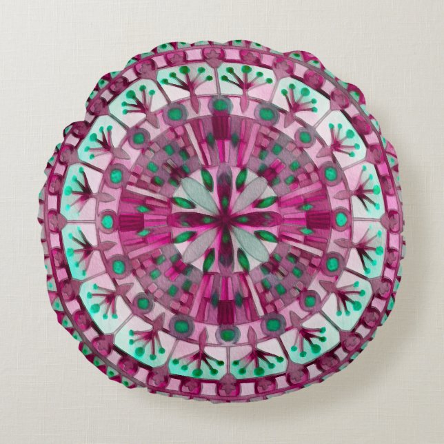 Coussins Ronds Boho Mosaic Carreaux rose Berry - (Devant)