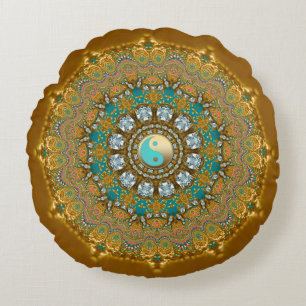 Coussins Ronds Boho Or Turquoise Yin Yang Bijou Mandala