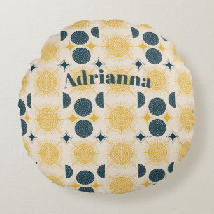 Coussins Ronds Boho Sun Moon Stars Blue Yellow Personnalisé