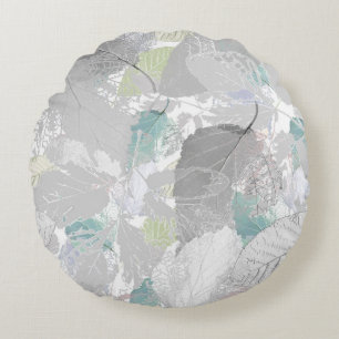 Coussins Ronds Botanical, grey, leaves, white and grey, turquoise