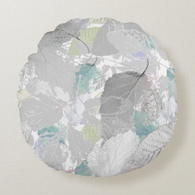 Coussins Ronds Botanical, grey, leaves, white and grey, turquoise (Devant)