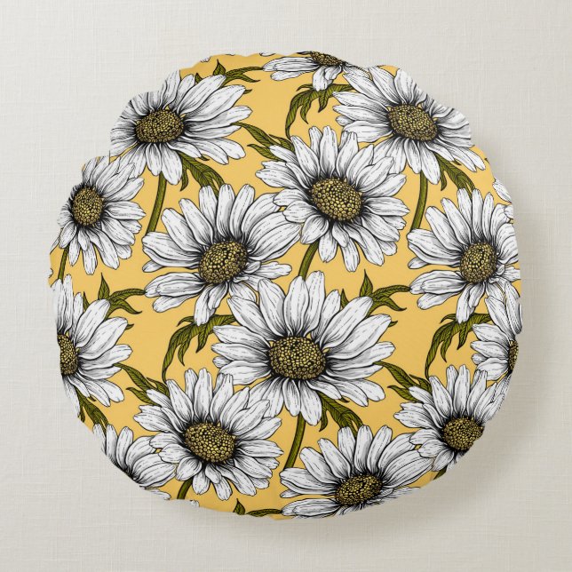 Coussins Ronds Bouches blanches, fleurs sauvages sur jaune (Devant)
