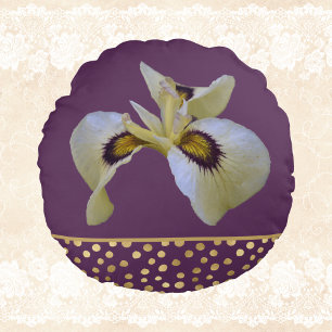 Coussins Ronds Bouffées d'or et crème Iris sibériens sur pourp