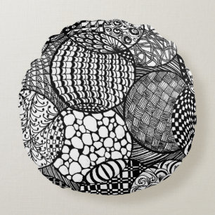 Coussins Ronds Boules de design en noir et blanc, deux côtés