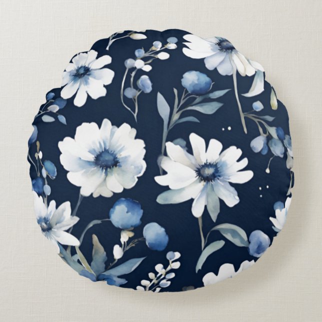 Coussins Ronds Bouquet de fleurs Elégante aquarelle Bleu (Devant)