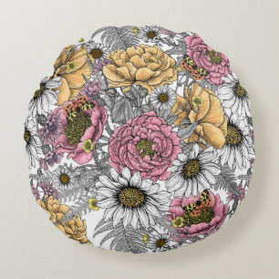 Coussins Ronds Bouquet de fleurs - roses, pivoines, marguerites e