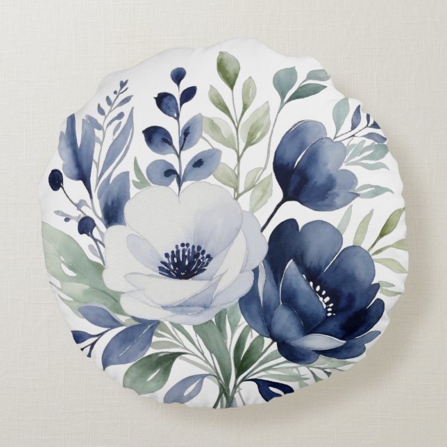 Coussins Ronds Bouquet floral bleu et blanc (Dos)