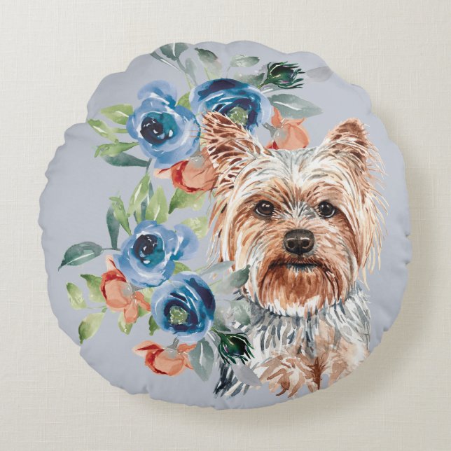Coussins Ronds Bouquet floral bleu Yorkshire Terrier (Devant)