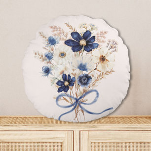 Coussins Ronds Bouquet Floral Fleur Bleu Marine Aquarelle