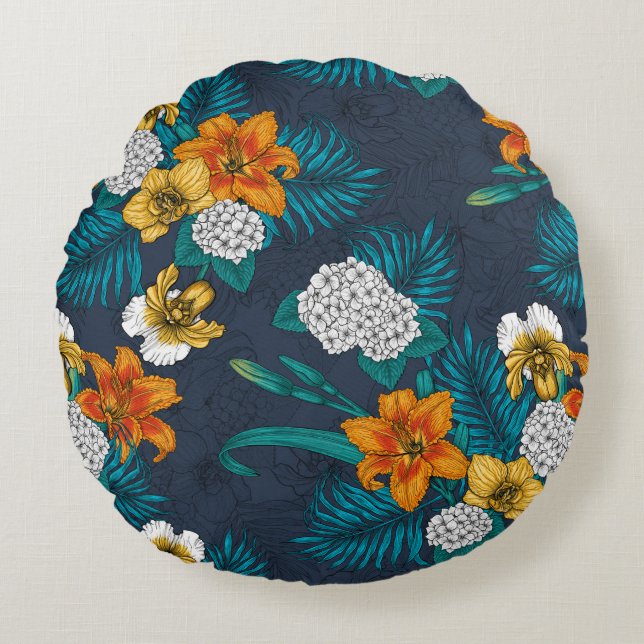Coussins Ronds Bouquet tropical sur bleu (Devant)