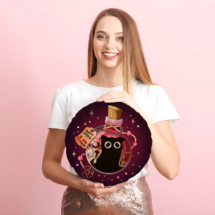 Coussins Ronds Bouteille rose trompeuse Evil Cat Spirit Halloween