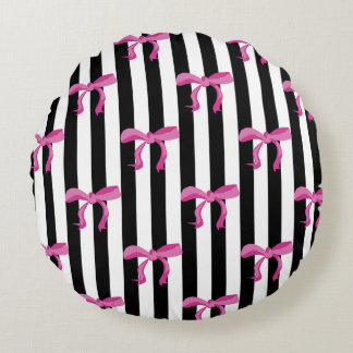 Coussins Ronds Boutons roses sur bandes noires et blanches