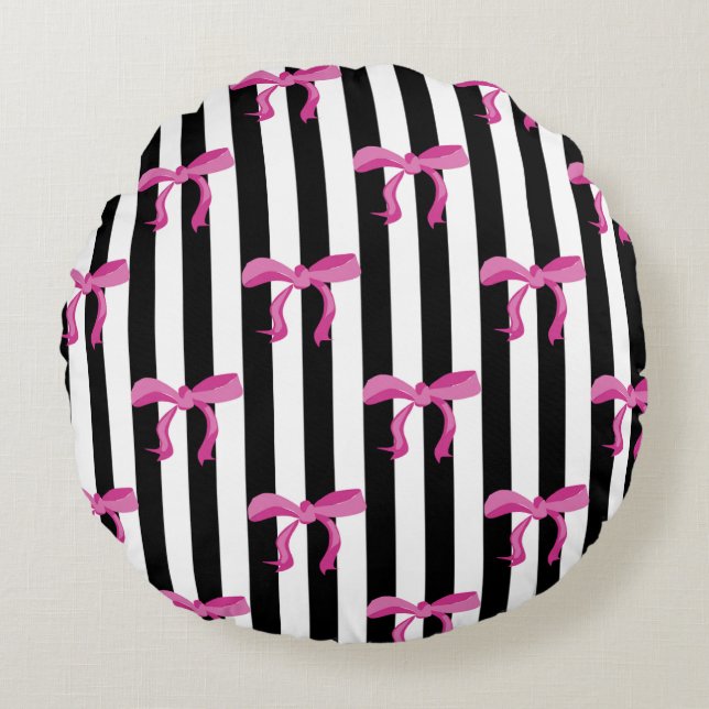 Coussins Ronds Boutons roses sur bandes noires et blanches (Devant)