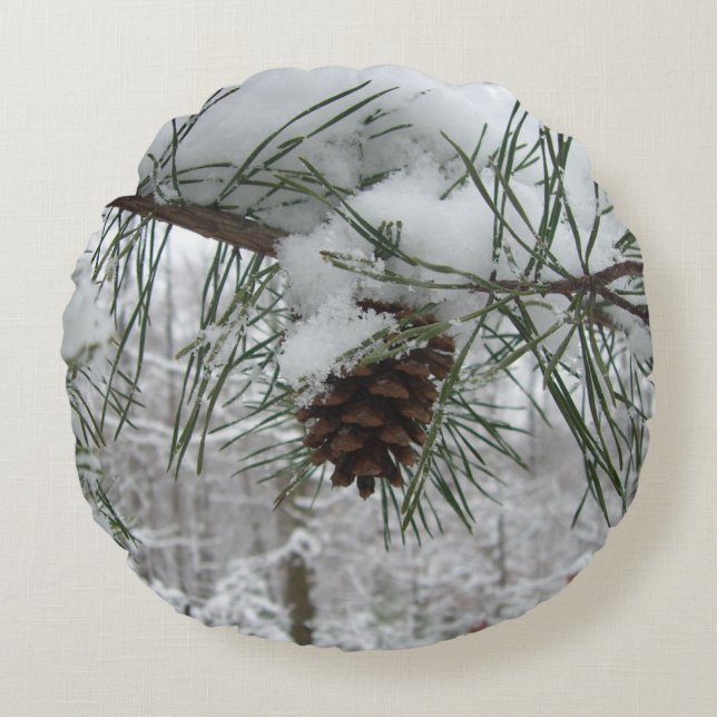 Coussins Ronds Branche des pins neigeux Photographie de la nature (Devant)