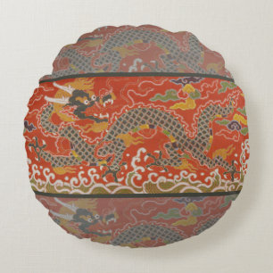 Coussins Ronds Brocade satinée rouge avec dragon chinois nuageux