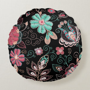 Coussins Ronds Broderie florale vintage Motif foncé