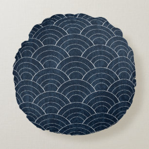 Coussins Ronds Broderie Sashiko : Indigo Motif japonais.